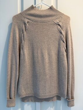 KIER + J Taupe Ribbed Mock Neck Cable-Accent 100% Cashmere Sweater